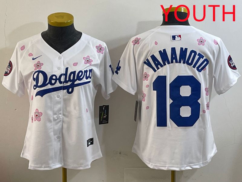 Youth Los Angeles Dodgers #18 Yamamoto White Sakura Edition 2025 Nike MLB Jersey style 1->youth mlb jersey->Youth Jersey